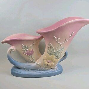 Vintage Hull Art Pottery 1946 MAGNOLIA Pink & Blue 13" Double Cornucopia Vase
